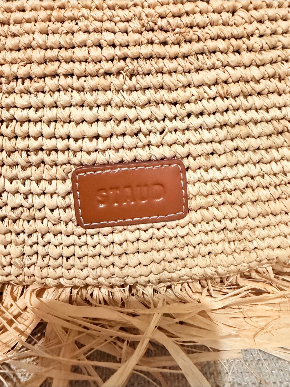 STAUD Natural Raffia Fringe Shoulder Bag with Brown Handle - Picture 3 of 7